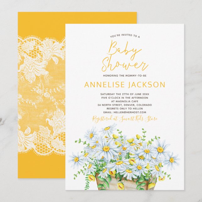 Summer daisies yellow and white lace baby shower invitation (Front/Back)