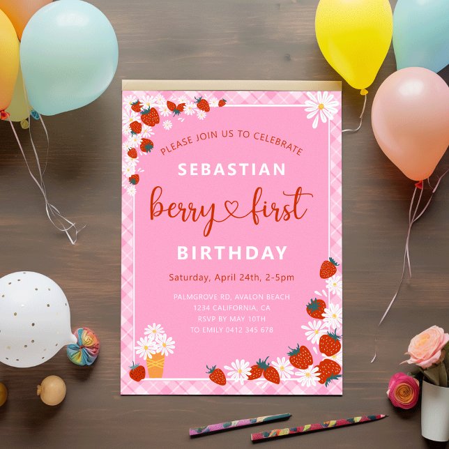 Summer Daisy & Strawberry Berry First Birthday Invitation (Berry First Birthday Summer Daisy Flower & Strawberry Pink Plaid Collection 1st Birthday Invitation)