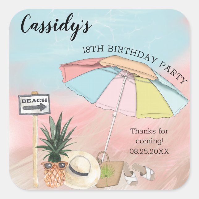 Summer Day at the Beach 18th Birthday Party Square Sticker (Front)