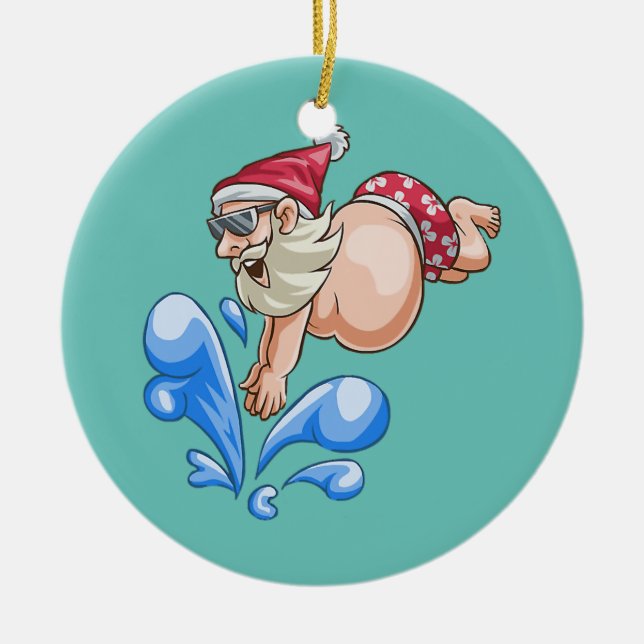Summer Diving Santa Summer Vacation Beach Ceramic Ornament (Front)