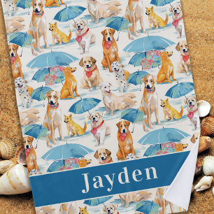 Summer Dogs Colourful Pattern Personalized  Beach Towel