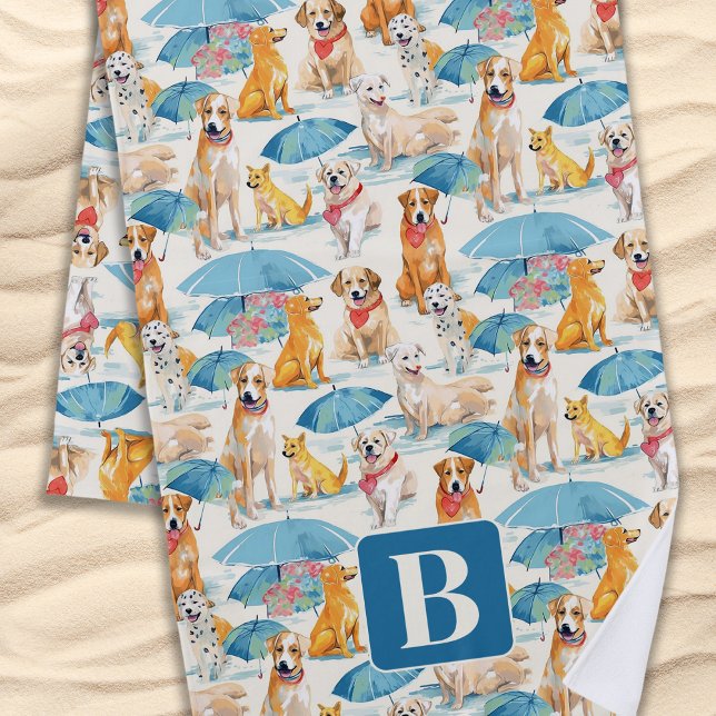 Summer Dogs Colourful Personalized Monogram Patter Beach Towel (Creator Uploaded)