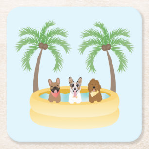 Summer Dogs Swimming Pool Square Paper Coaster
