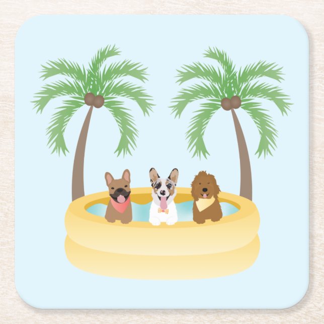 Summer Dogs Swimming Pool Square Paper Coaster (Front)