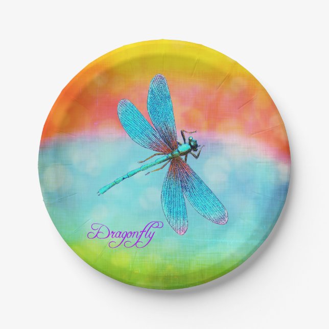 Summer Dragonfly Rainbow Bright Decorative Paper Plate (Front)