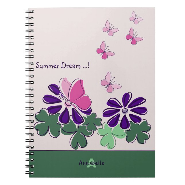 Summer Dream Pink Green Purple Flower Butterfly Notebook (Front)