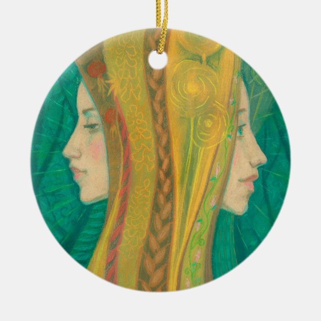 Summer Dryad Girls Forest Fantasy Art Green Yellow Ceramic Ornament (Front)