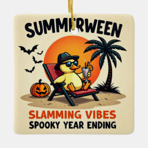 Summer Duck And Pretty Witch Halloween Ceramic Ornament