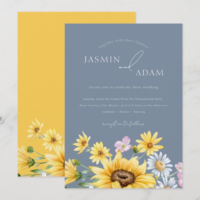 Summer Dusty Blue Yellow Sunflowers Floral Wedding Invitation (Front/Back)
