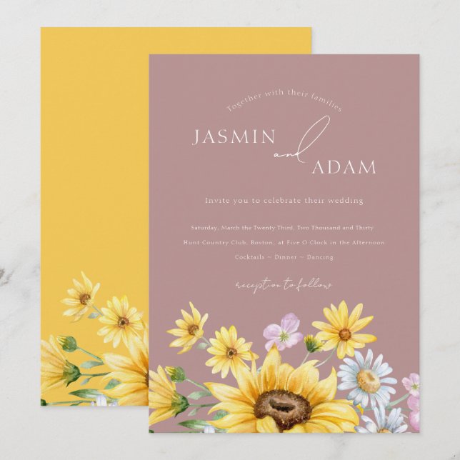 Summer Dusty Pink Yellow Sunflowers Floral Wedding Invitation (Front/Back)