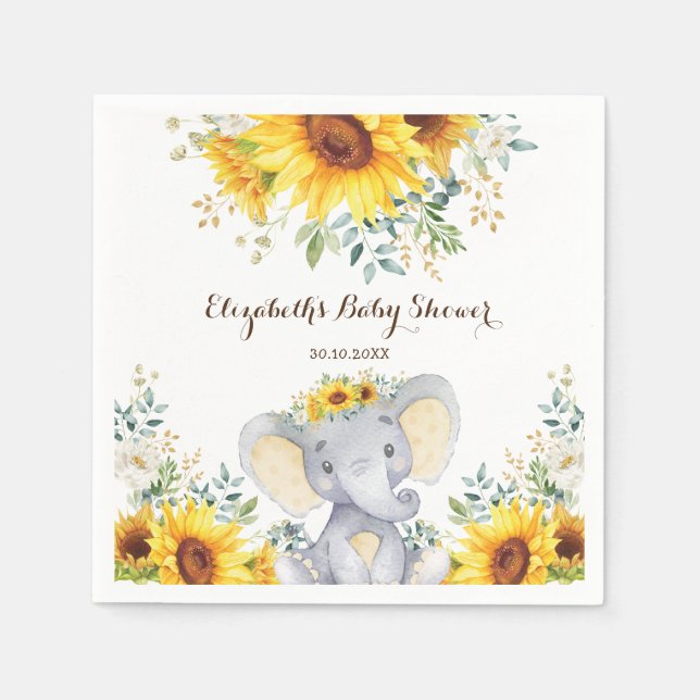 Summer Elephant Watercolor Sunflower Baby Shower Napkin (Front)