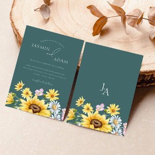 Summer Emerald Green Sunflowers Monogram Wedding Invitation