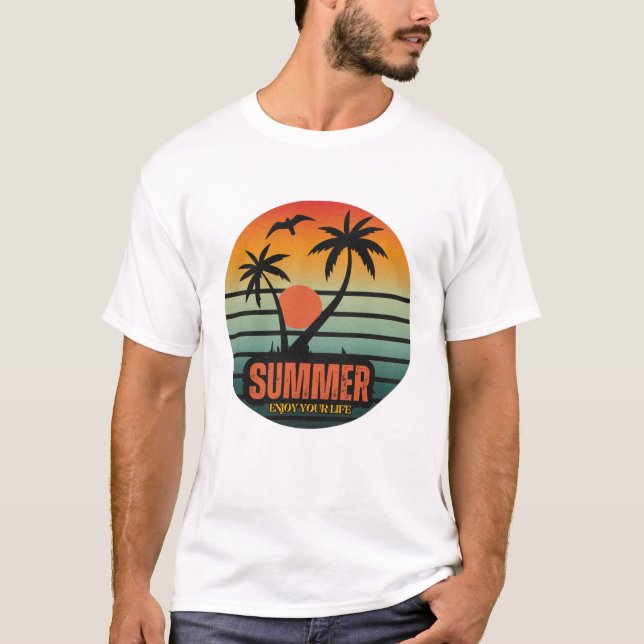 Summer, Enjoy Your Life, Retro sunset beach T-Shirt (Front)