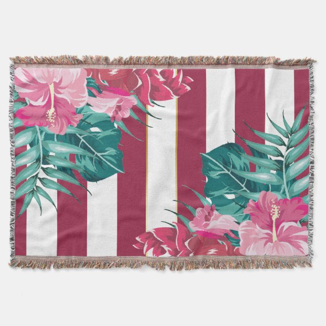Summer Exotic Flowers burgundy striped Throw Blanket (Front)