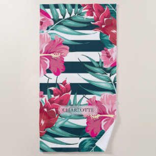 Summer Exotic Flowers Monogram striped Beach Towel
