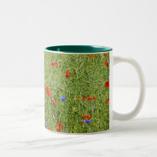 Summer field with red and blue flowers Two-Tone coffee mug