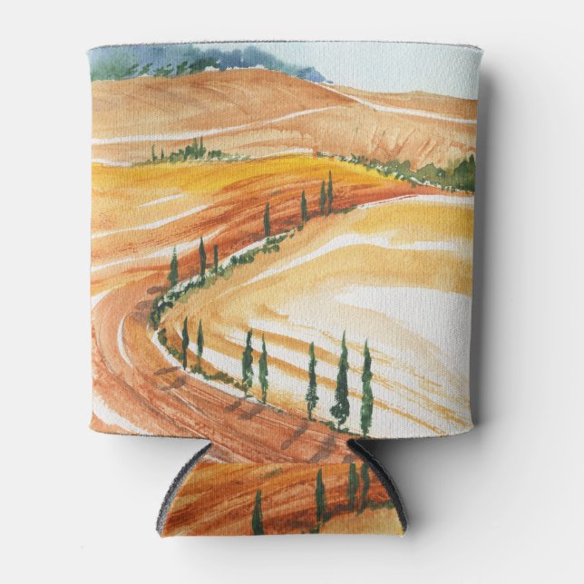 Summer fields, Tuscan watercolor painting Can Cooler (Front)