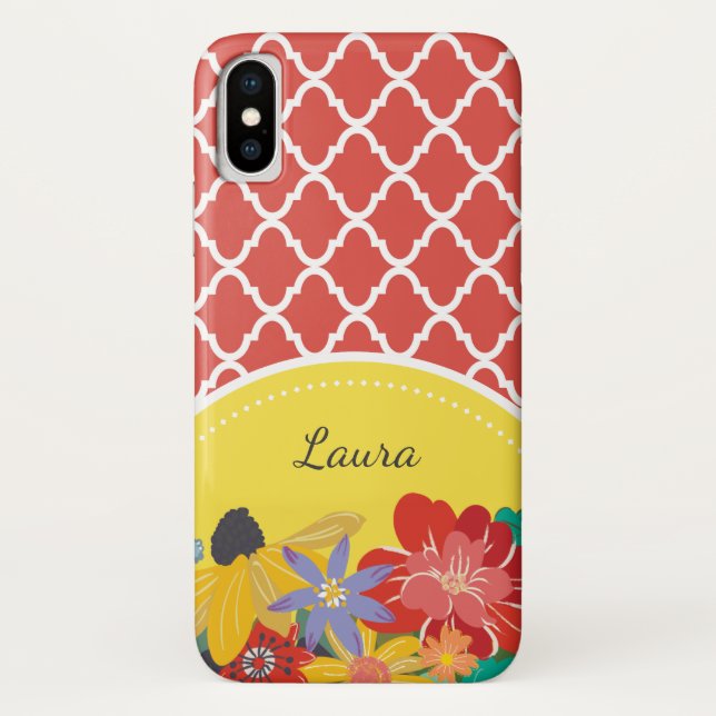 Summer Fiesta Red Floral Quatrefoil With Name Case-Mate iPhone Case (Back)