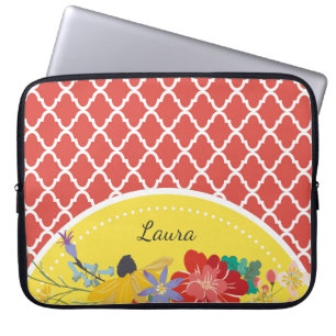 Summer Fiesta Red Floral Quatrefoil With Name Laptop Sleeve