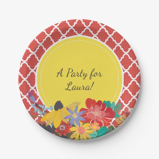 Summer Fiesta Red Floral Quatrefoil With Name Paper Plate (Front)