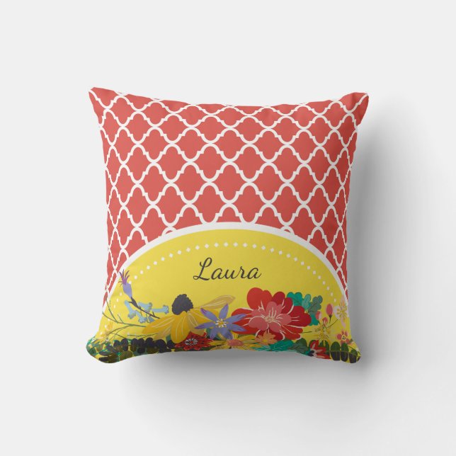 Summer Fiesta Red Floral Quatrefoil With Name Throw Pillow (Front)
