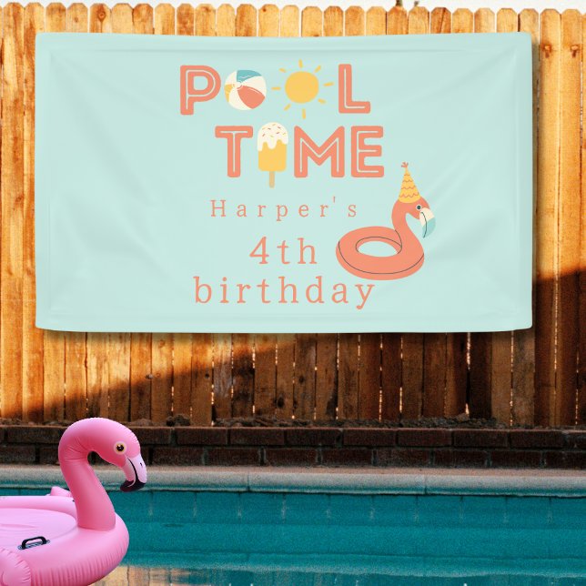 summer flamingo birthday pool party Outdoor Banner (pool time flamingo beach balll sun popsicle happy birthday pool party large outdoor banner sign)