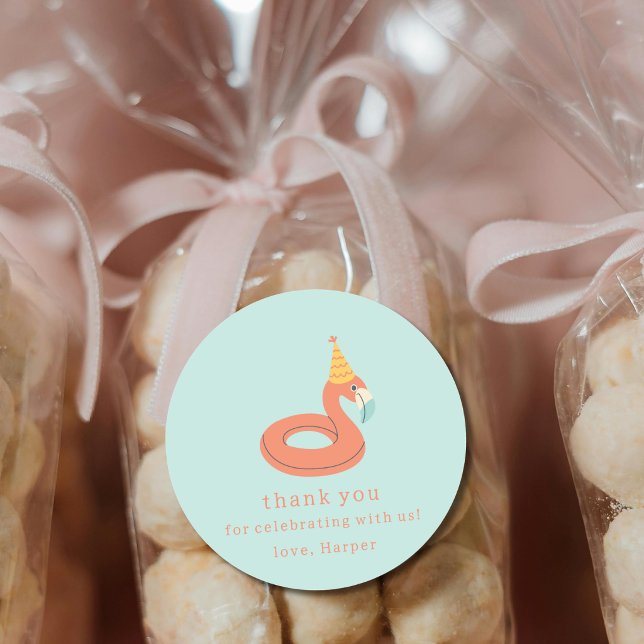 summer flamingo float kids birthday pool party classic round sticker (flamingo birthday pool party personalized name thank you party favor sticker label)