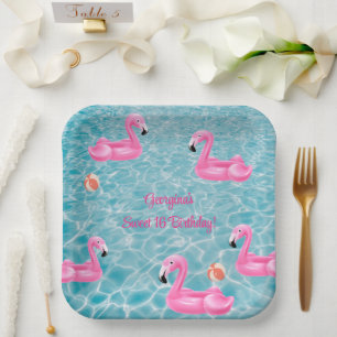 Summer Flamingo Pool Party Sweet 16 Birthday Paper Plate