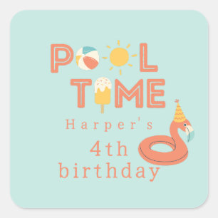 summer flamingo popsicle kids birthday pool party square sticker