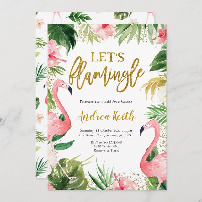 Summer Flamingo Tropical Bridal Shower Invitation (Front/Back)