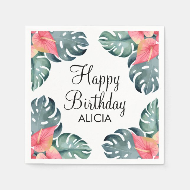 Summer Flora Pink Anthurium & Monstera Birthday Napkin (Front)