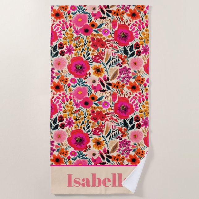 Summer Floral Colourful Pink Personalized Beach Towel (Front)