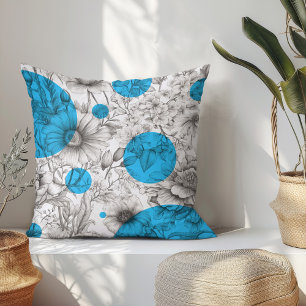 Summer Floral decorative Cyan Blue Retro Peonies Throw Pillow