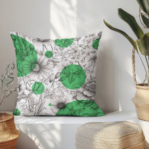 Summer Floral decorative Kelly Green Retro Peonies Throw Pillow