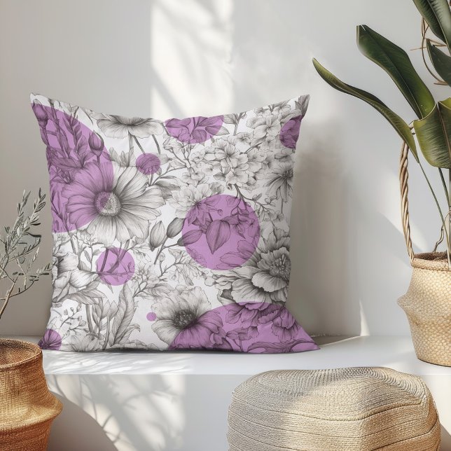 Summer Floral decorative Lilac Purple Retro Peony Throw Pillow (Modern floral throw pillow with black and white sketch flowers and lilac purple retro circles.)