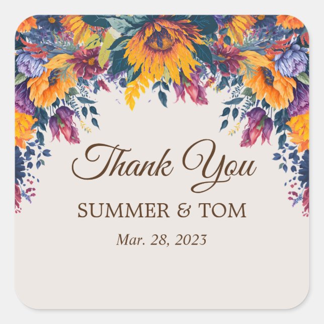 Summer Floral elegant Thank you Square Sticker (Front)