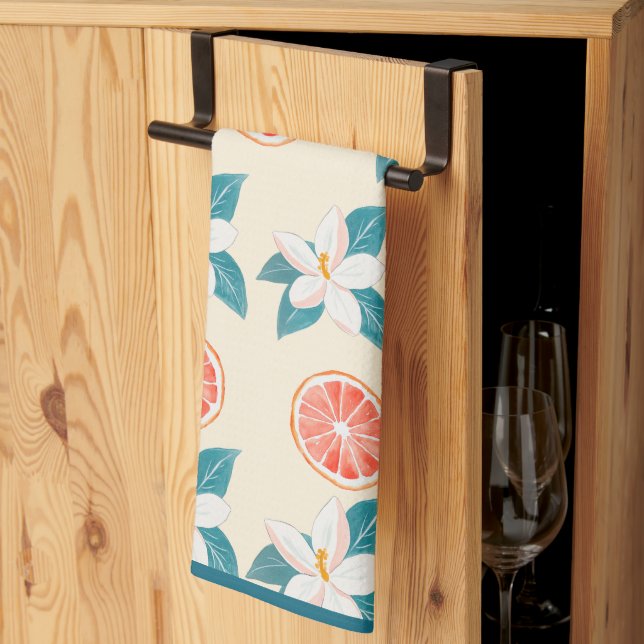 Summer Floral Grapefruit – Coastal Citrus Design Kitchen Towel (Thirds Fold)