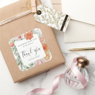 summer floral handmade with love thank you square sticker