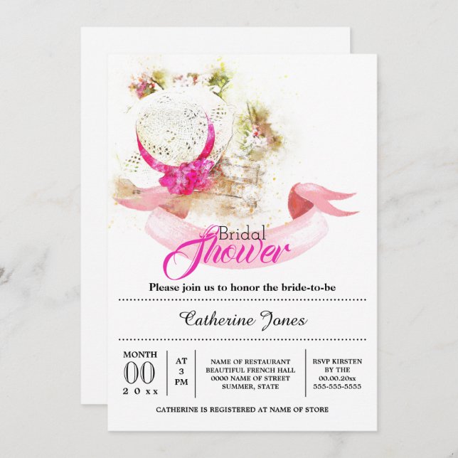 Summer floral hat tuscan bridal shower invitation (Front/Back)