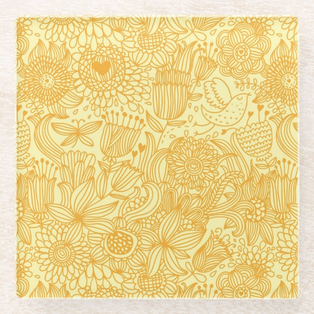 Summer floral pattern in warm colours glass coaster (Front)