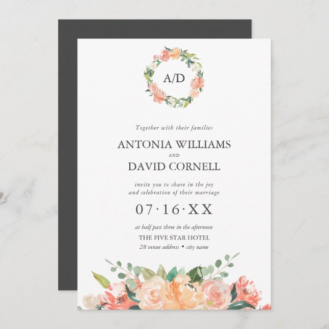 Summer Floral Peach  Botanical Monogram Wedding  I Invitation (Front/Back)