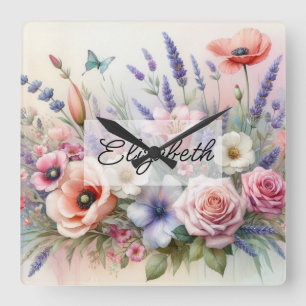 Summer floral watercolor roses lavender poppy square wall clock