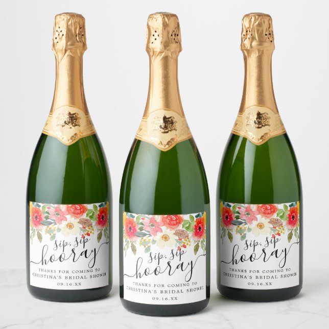 Summer Florals Sip Sip Hooray Bridal Shower Sparkling Wine Label (Bottles)