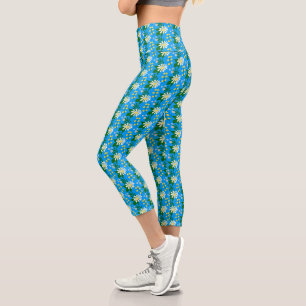 Summer Flower Bouquet on Blue Capri Leggings