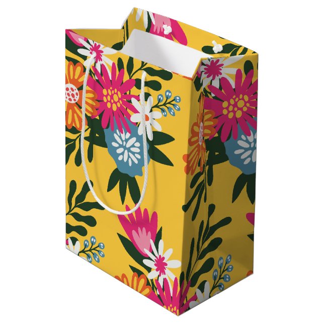 Summer Flower Bouquet on Gold Medium Gift Bag (Back Angled)