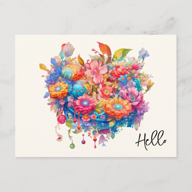 Summer Flower Bouquet Whimsical Boho Hello Postcard (Front)