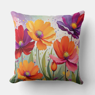 Summer Flower Garden Watercolor Throw Pillow