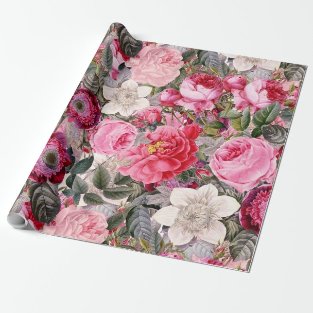 Summer Flower Roses Pattern Wrapping Paper (Unrolled)