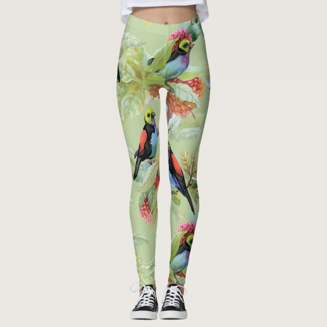 Summer Flowers Birds: Tropical Pattern Leggings (Front)