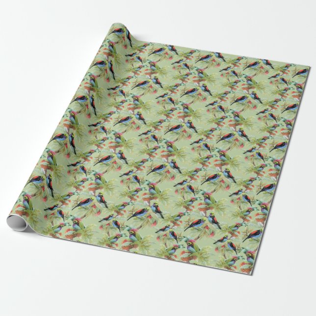 Summer Flowers Birds: Tropical Pattern Wrapping Paper (Unrolled)